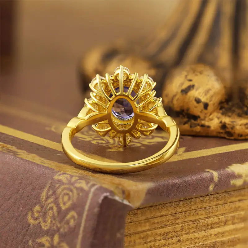 Elegant Double Halo Oval Cut Lab Blue Sapphire Engagement Ring - LGG Jewelry