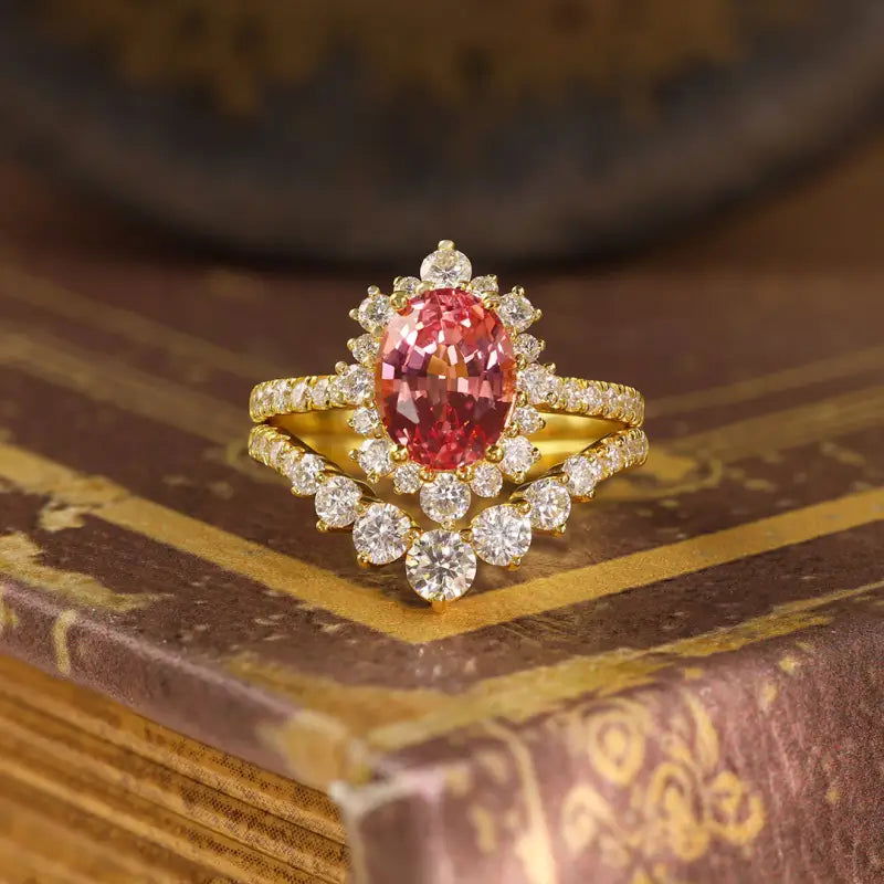 Elegant Vintage Oval Cut Lab Padparascha Bridal Rings - 2pcs - LGG Jewelry