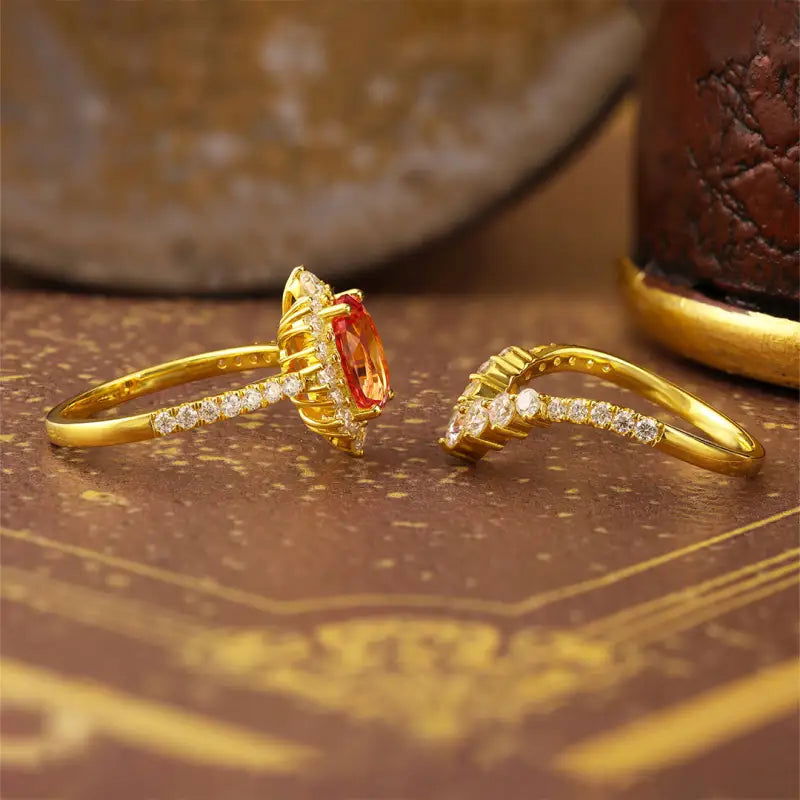 Elegant Vintage Oval Cut Lab Padparascha Bridal Rings - 2pcs - LGG Jewelry