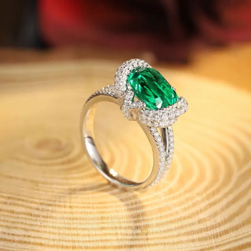 Elegant bezel 3.5 Ct Cushion Cut Lab Emerald Engagement Ring - LGG Jewelry