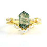 Elongated Hexagon Moss Agate  Bridal Ring Set - 2pcs - LGG Jewelry