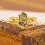 Charger l&#39;image dans la visionneuse de galerie, Elongated Hexagon Moss Agate  Bridal Ring Set - 2pcs - LGG Jewelry
