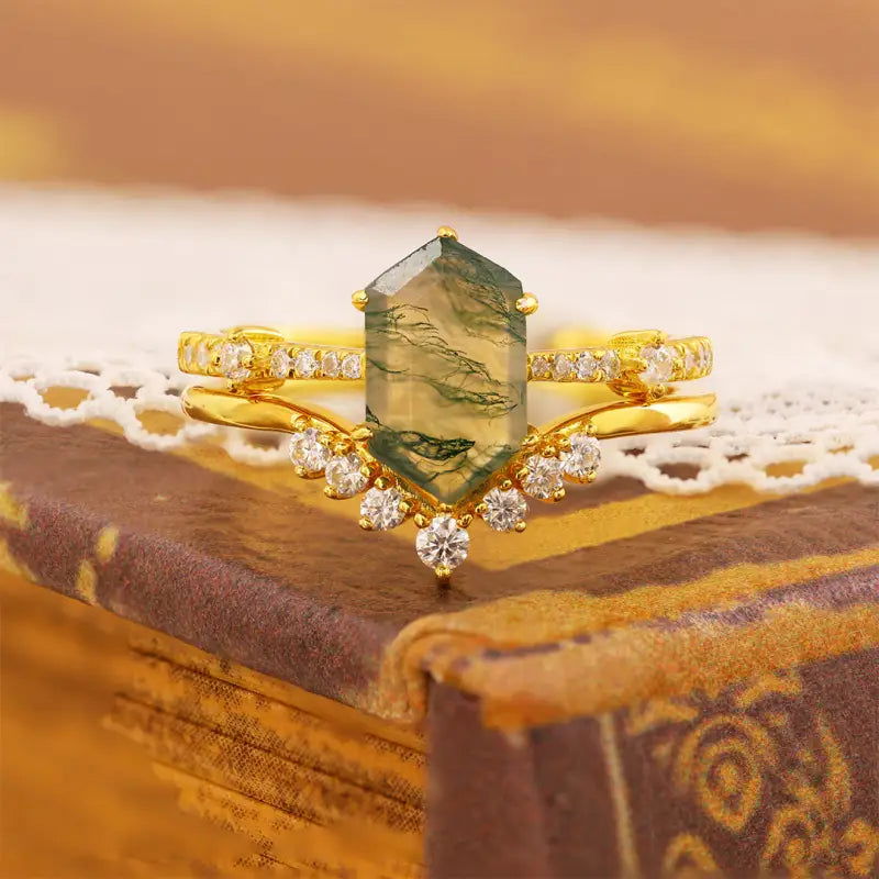 Elongated Hexagon Moss Agate  Bridal Ring Set - 2pcs - LGG Jewelry