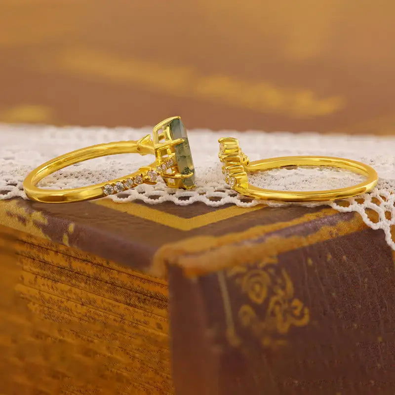 Elongated Hexagon Moss Agate  Bridal Ring Set - 2pcs - LGG Jewelry
