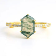 Elongated Hexagon Moss Agate Solitaire Engagement Ring - LGG Jewelry