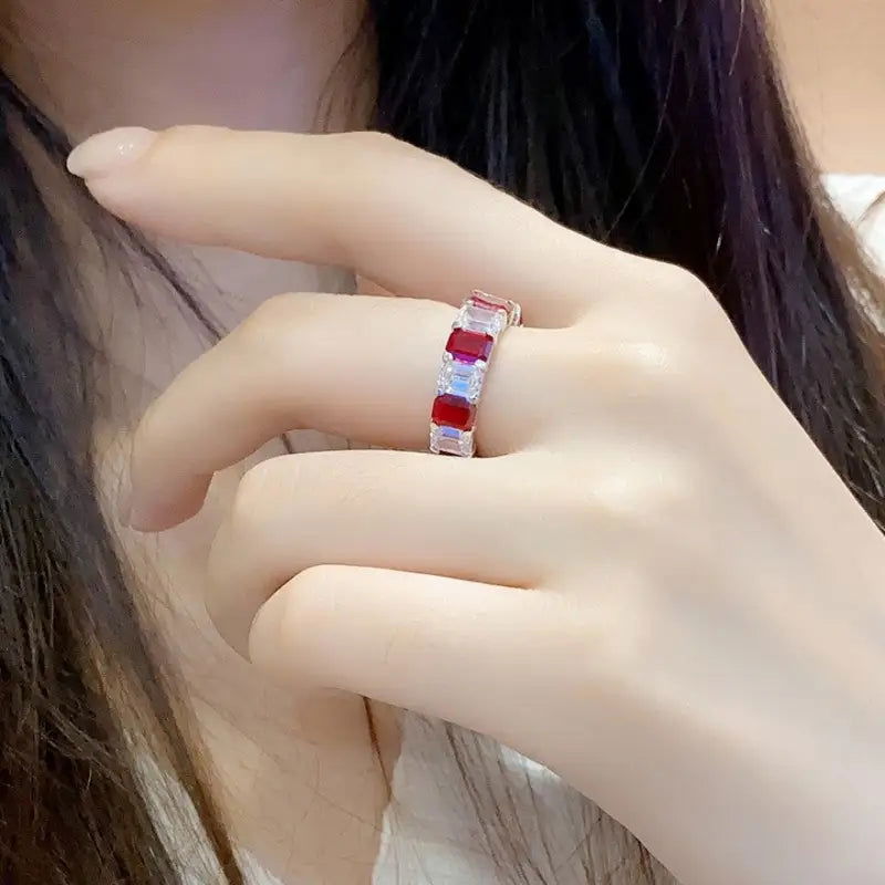 Emerald Cut Pigeon Blood Lab Ruby Alternating Eternity Band - LGG Jewelry