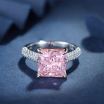Load image into Gallery viewer, Fancy Vivid Pink 4 Ct Princess Cut Lab Diamond Half Luxury Pave Engagement Ring (Setting Price Only) - LGG Jewelry

