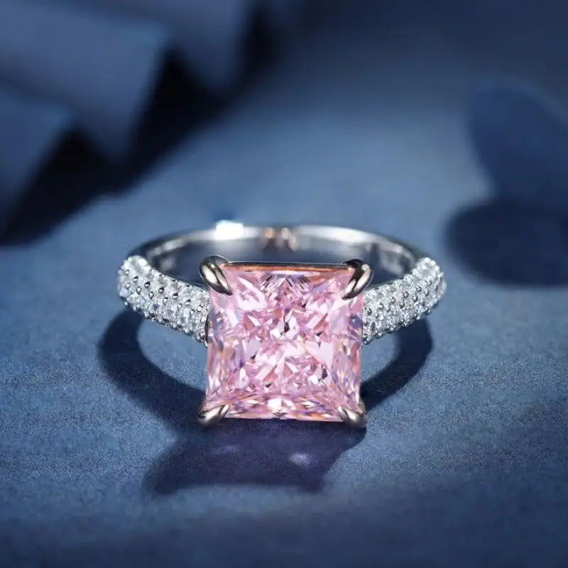 Fancy Vivid Pink 4 Ct Princess Cut Lab Diamond Half Luxury Pave Engagement Ring (Setting Price Only) - LGG Jewelry