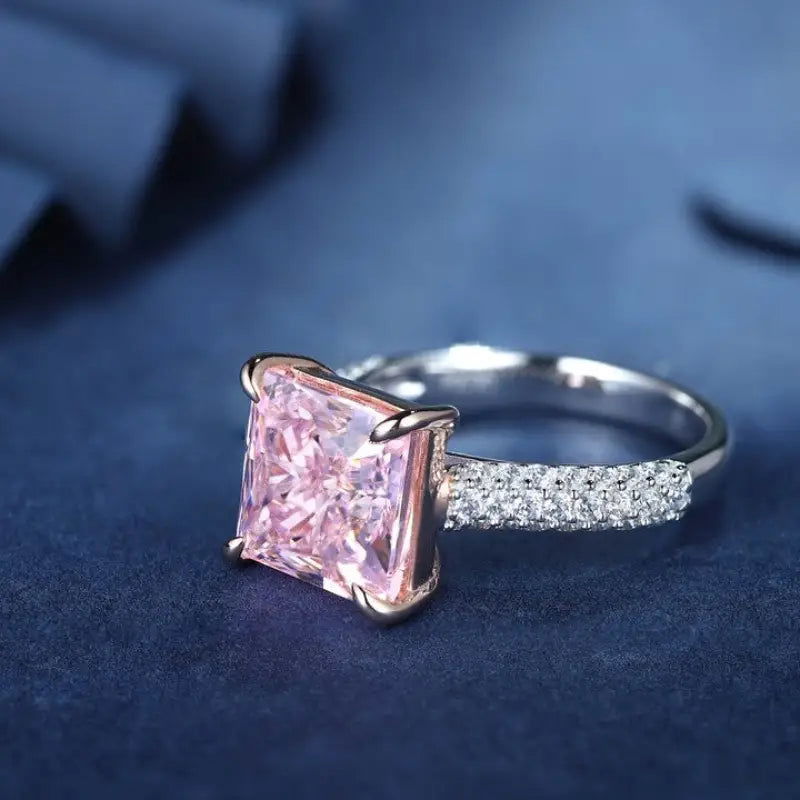 Fancy Vivid Pink 4 Ct Princess Cut Lab Diamond Half Luxury Pave Engagement Ring (Setting Price Only) - LGG Jewelry