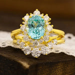 Charger l&#39;image dans la visionneuse de galerie, Floral Cluster 2 Ct Oval Lab Paraiba Bridal Ring Set - 2pcs - LGG Jewelry

