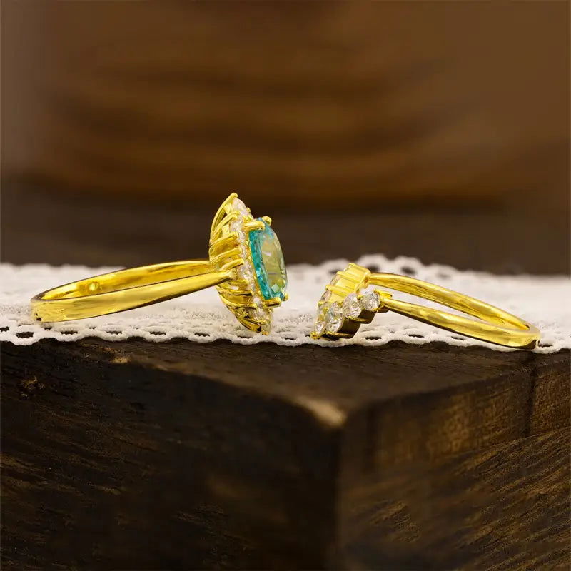 Floral Cluster 2 Ct Oval Lab Paraiba Bridal Ring Set - 2pcs - LGG Jewelry