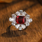 Load image into Gallery viewer, Flower Cluster 4 Ct Emerald Cut Lab Ruby Engagement Ring - LGG Jewelry
