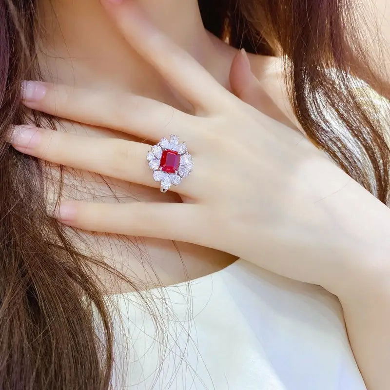 Flower Cluster 4 Ct Emerald Cut Lab Ruby Engagement Ring - LGG Jewelry