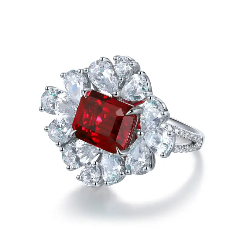 Flower Cluster 4 Ct Emerald Cut Lab Ruby Engagement Ring - LGG Jewelry