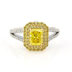 Load image into Gallery viewer, IGI Certified 1.123 Ct Fancy Vivid Yellow Radiant Cut Lab Diamond Double Halo Split Shank Engagement Ring - LGG Jewelry

