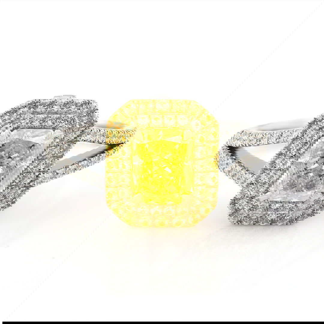 IGI Certified 1.123 Ct Fancy Vivid Yellow Radiant Cut Lab Diamond Double Halo Split Shank Engagement Ring - LGG Jewelry