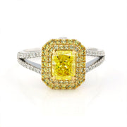 IGI Certified 1.123 Ct Fancy Vivid Yellow Radiant Cut Lab Diamond Double Halo Split Shank Engagement Ring - LGG Jewelry