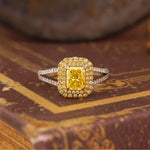 Load image into Gallery viewer, IGI Certified 1.123 Ct Fancy Vivid Yellow Radiant Cut Lab Diamond Double Halo Split Shank Engagement Ring - LGG Jewelry
