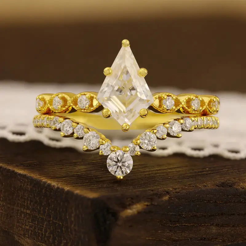 Kite Shape Moissanite Wedding Bridal Ring Set - 2pcs - LGG Jewelry