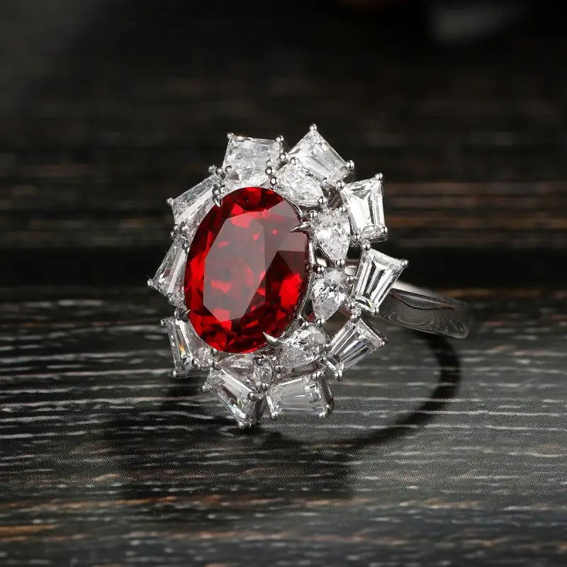 Luxury 6 Ct Oval Lanb Ruby Cluster Engagement Ring - LGG Jewelry