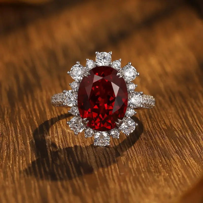 Luxury 7.56 Ct Lab Ruby Cluster Half Pave Engagement Ring - LGG Jewelry