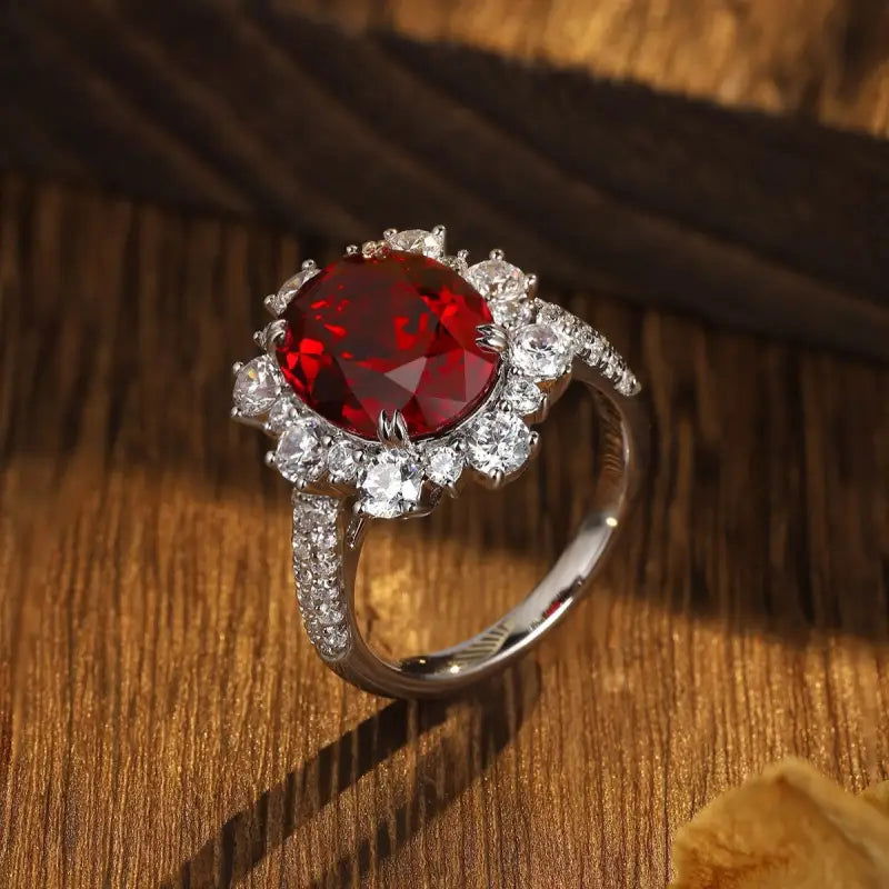 Luxury 7.56 Ct Lab Ruby Cluster Half Pave Engagement Ring - LGG Jewelry