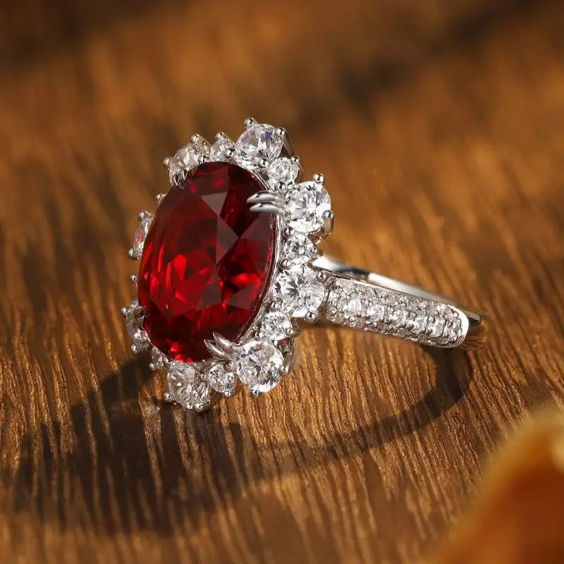 Luxury 7.56 Ct Lab Ruby Cluster Half Pave Engagement Ring - LGG Jewelry