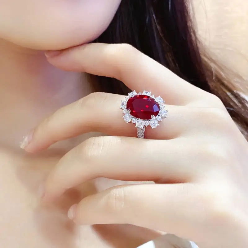 Luxury 7.56 Ct Lab Ruby Cluster Half Pave Engagement Ring - LGG Jewelry