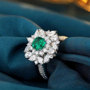 Luxury Cluster 0.73 Ct Cushion Lab Emerald Half Pave Engagement Ring - LGG Jewelry