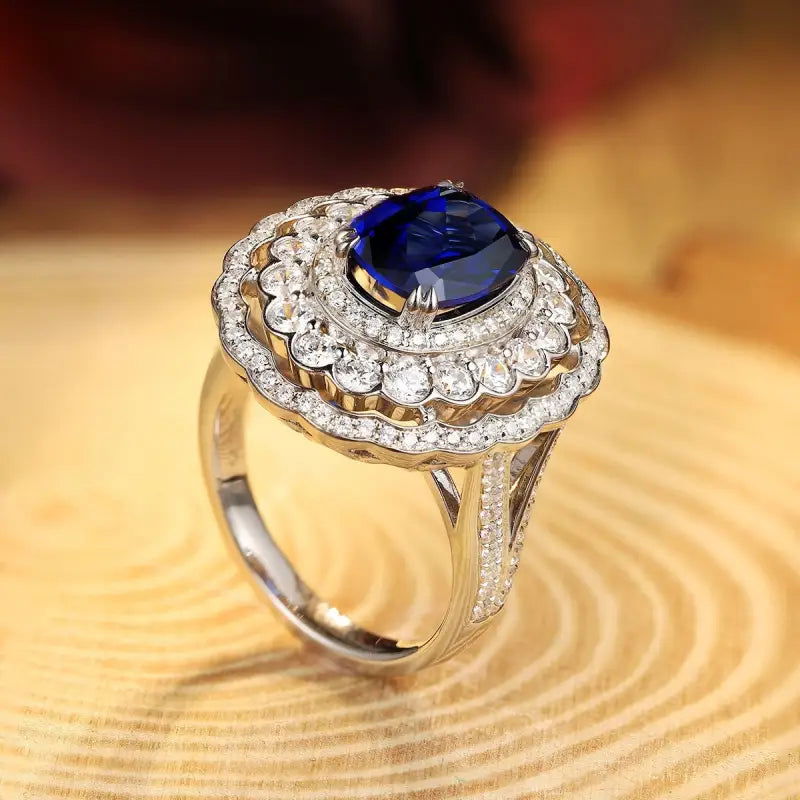Luxury Cluster 4 Ct Elongated Cushion Cut Lab Blue Sapphire Engagement ring - LGG Jewelry