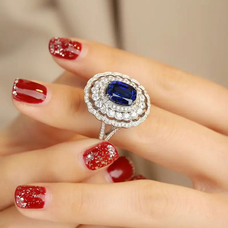 Luxury Cluster 4 Ct Elongated Cushion Cut Lab Blue Sapphire Engagement ring - LGG Jewelry