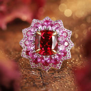 Luxury Floral Cluster 3.5 Ct Cushion Lab Ruby Engagement Ring - LGG Jewelry
