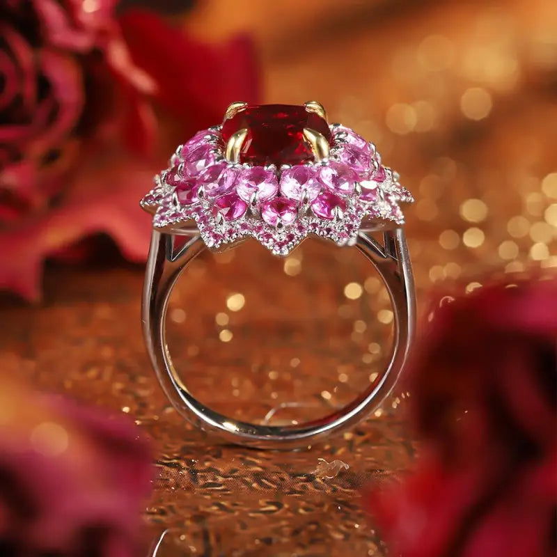 Luxury Floral Cluster 3.5 Ct Cushion Lab Ruby Engagement Ring - LGG Jewelry
