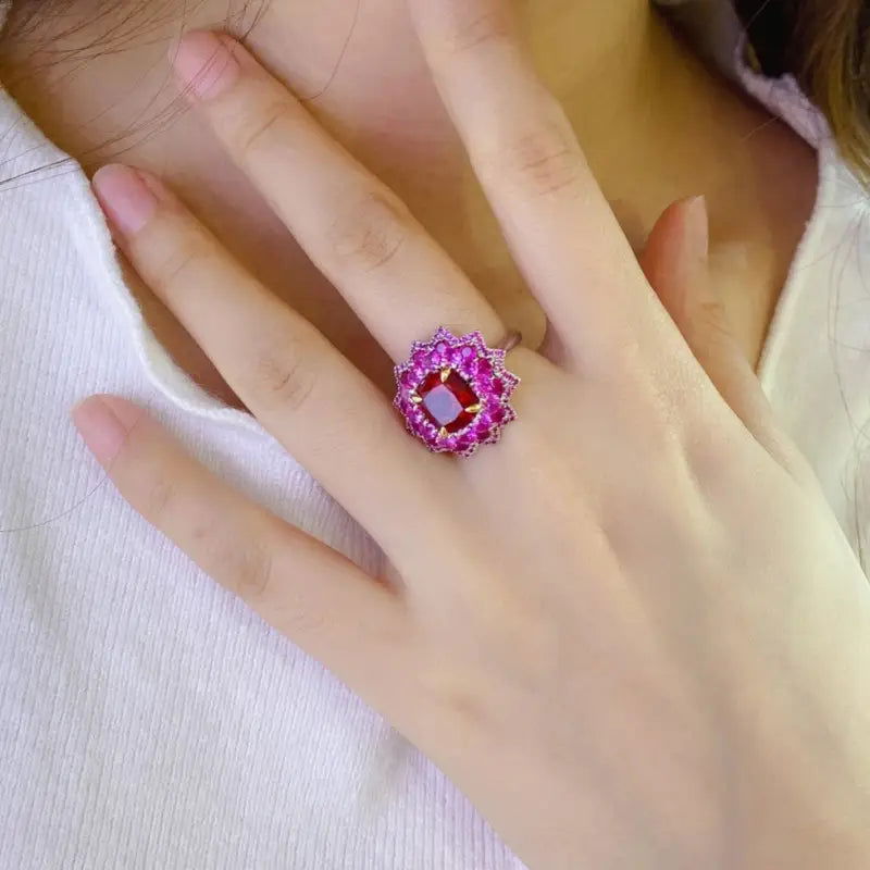 Luxury Floral Cluster 3.5 Ct Cushion Lab Ruby Engagement Ring - LGG Jewelry