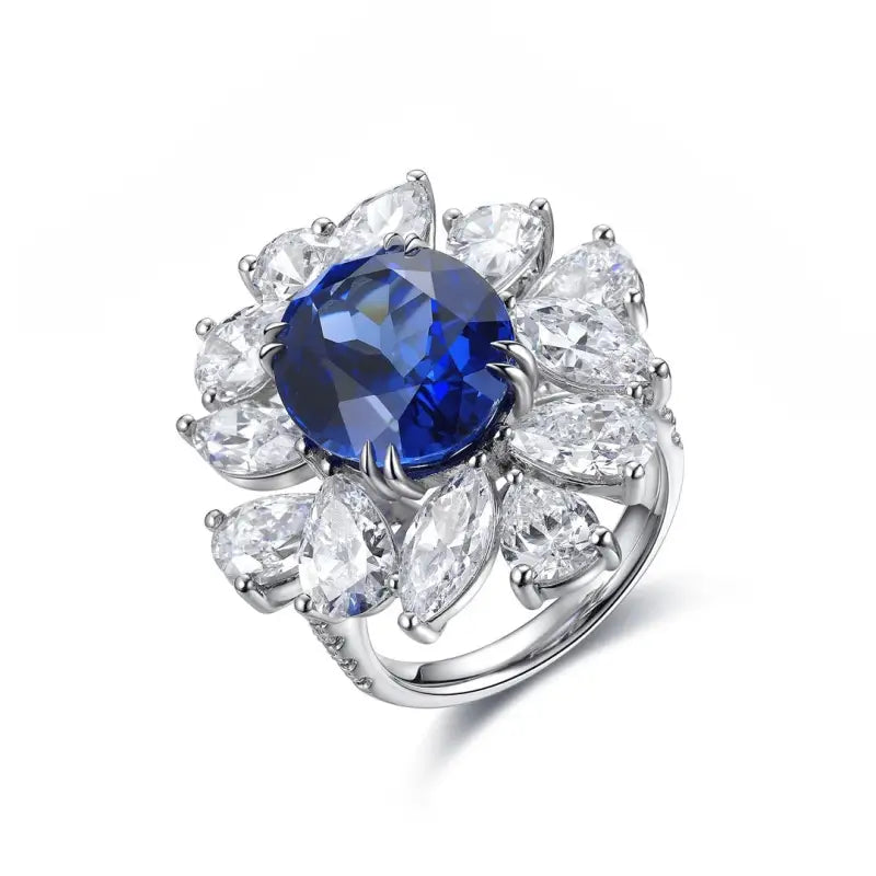 4 Ct Oval Cut Lab Blue Sapphire Cluster Engagement Ring