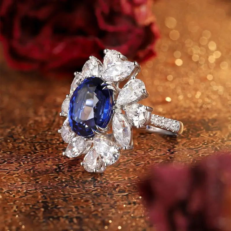 Luxury Marquise & Pear Cluster 8.4 Ct Lab Blue Sapphire Engagement Ring - LGG Jewelry