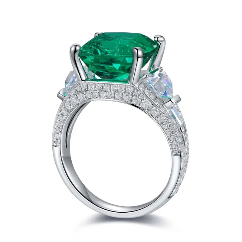 Luxury Pave 5.4 Ct Cushion Cut Lab Emerald Three-Stone Engagement Ring - LGG Jewelry