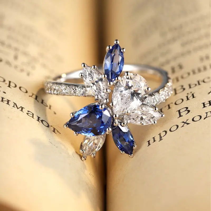 Marquise & Pear Cut Lab Blue Sapphire and Lab Diamond Engagement Ring - LGG Jewelry