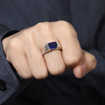 Load image into Gallery viewer, Minimalistic 3.5 Ct Emerald Cut Lab Blue Sapphire Half Bezel Wedding Ring For Men - LGG Jewelry
