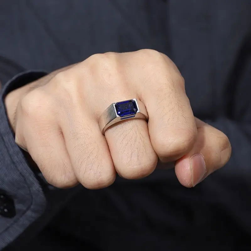Minimalistic 3.5 Ct Emerald Cut Lab Blue Sapphire Half Bezel Wedding Ring For Men - LGG Jewelry