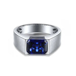 Load image into Gallery viewer, Minimalistic 3.5 Ct Emerald Cut Lab Blue Sapphire Half Bezel Wedding Ring For Men - LGG Jewelry
