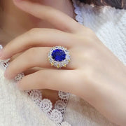Mixed Color Cluster 5.9 Ct Oval Shape Lab Blue Sapphire Engagement Ring - LGG Jewelry