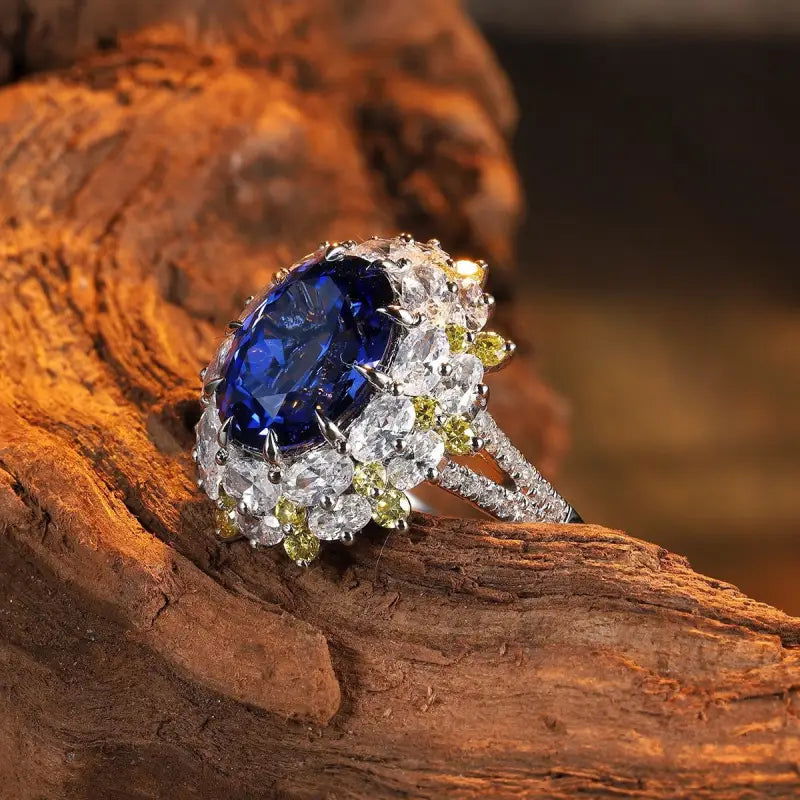 Mixed Color Cluster 5.9 Ct Oval Shape Lab Blue Sapphire Engagement Ring - LGG Jewelry