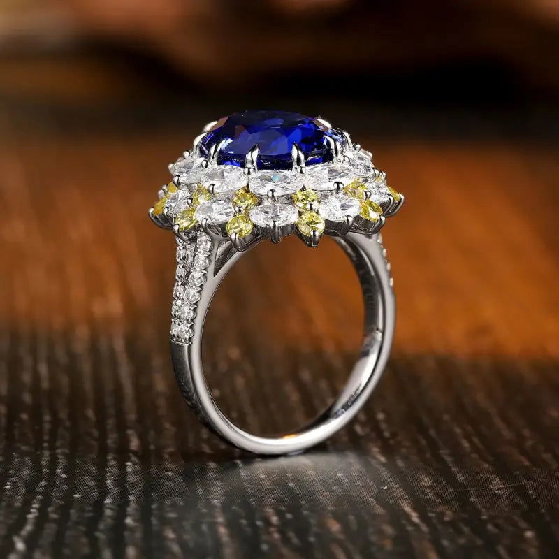 Mixed Color Cluster 5.9 Ct Oval Shape Lab Blue Sapphire Engagement Ring - LGG Jewelry