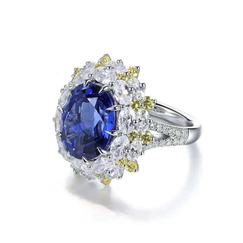 Mixed Color Cluster 5.9 Ct Oval Shape Lab Blue Sapphire Engagement Ring - LGG Jewelry
