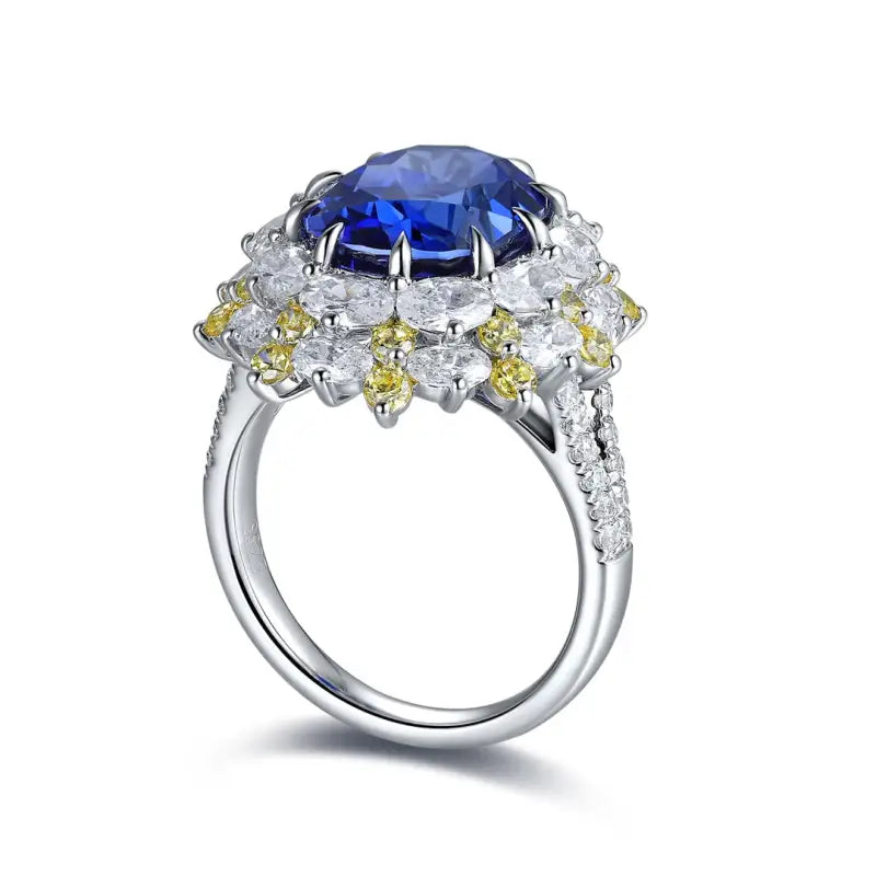 Mixed Color Cluster 5.9 Ct Oval Shape Lab Blue Sapphire Engagement Ring - LGG Jewelry