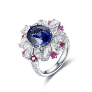 Mixed Color Cluster 5 Ct Oval Cut Lab Blue Sapphire Engagement Ring - LGG Jewelry