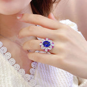 Mixed Color Cluster 5 Ct Oval Cut Lab Blue Sapphire Engagement Ring - LGG Jewelry