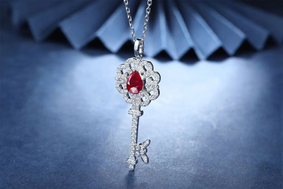 Pear Cut Lab Ruby Pave Key Pendant Necklace - LGG Jewelry