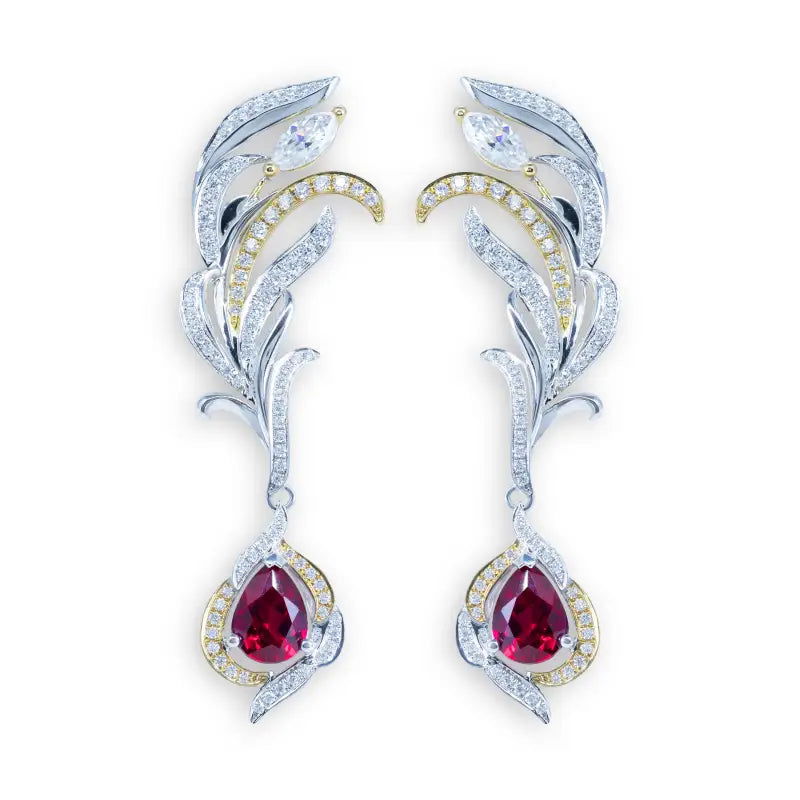 Phenix Feather Pear Cut Lab Ruby Earrings - LGG Jewelry